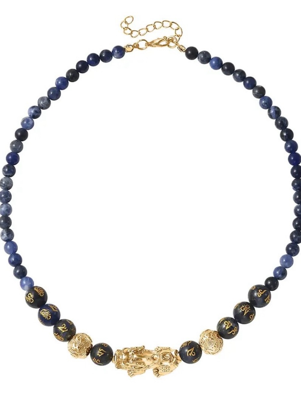 Feng Shui Sodalite Beaded Pixiu Necklace 18” in Goldtone
